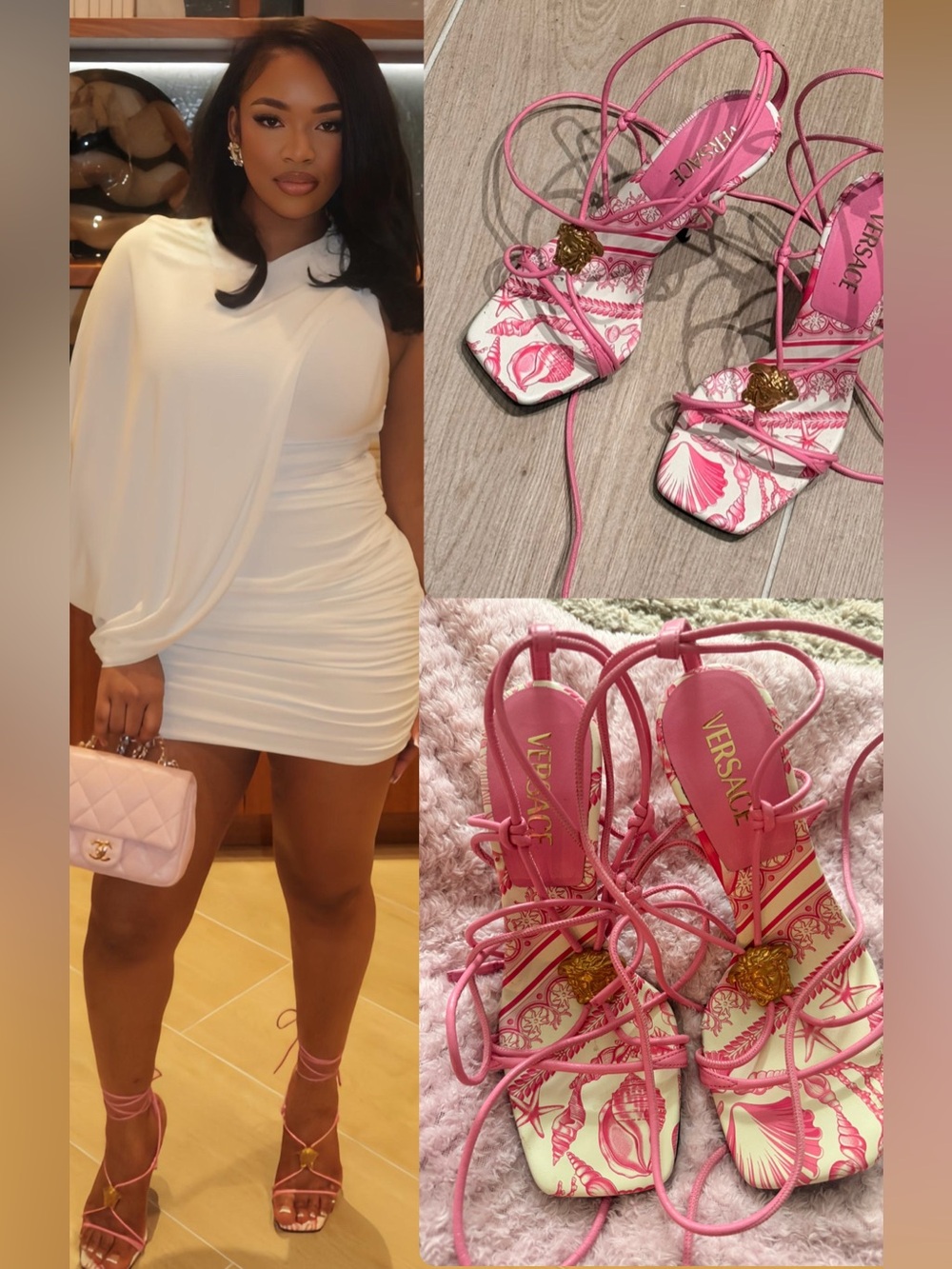 Versace Pink Lace-Up Medusa Strap Sandals with Printed Footbed
